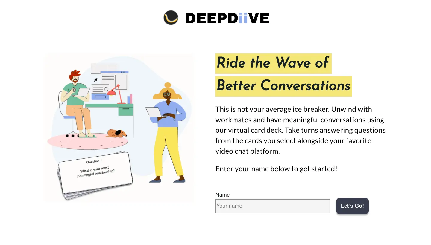 Screenshot of DeepDiive — A virtual conversation card deck for remote teams — built by a remote team